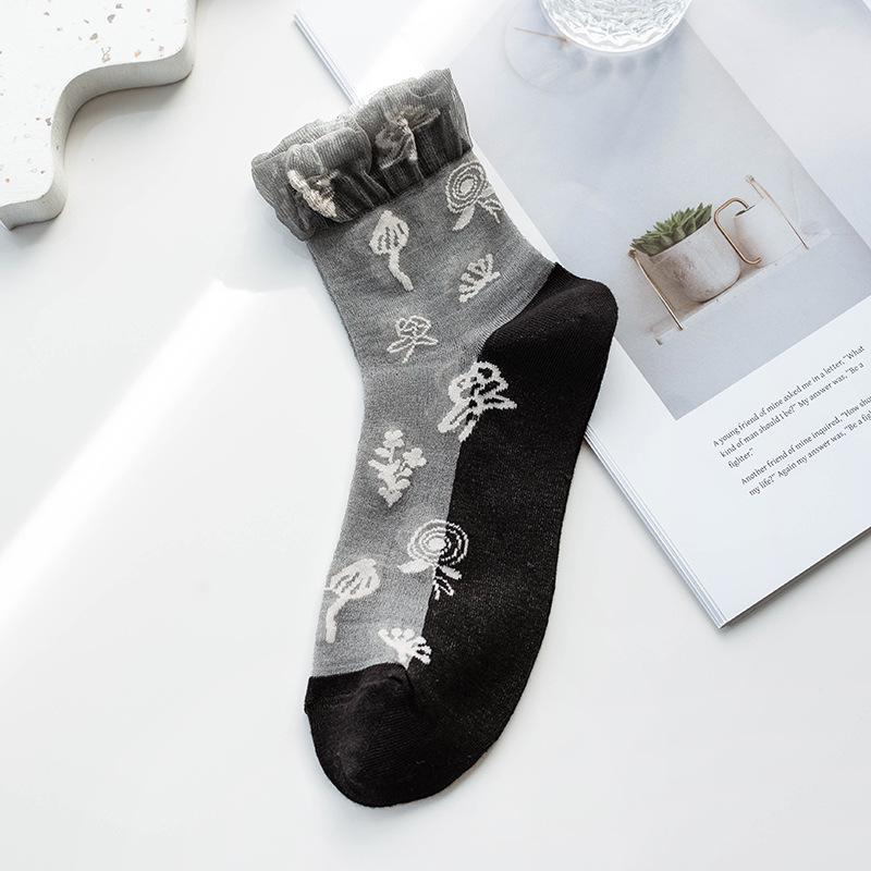

Love Heart Crystal Mid-Calf Glass Stockings with Cotton Sole and Lace - Japanese Style JK Women s Summer Socks. One Size