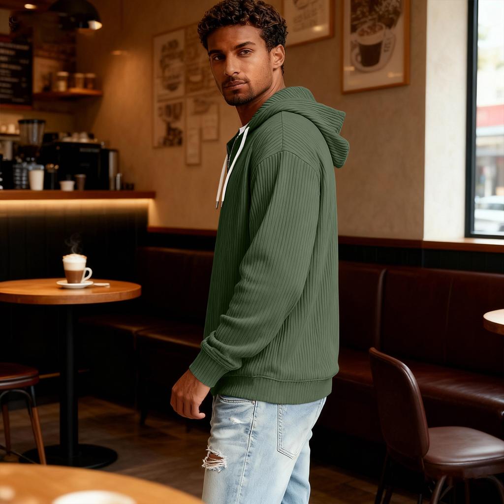 Men's Casual Solid Color Zipper Long Sleeve Hooded Sweatshirt, Everyday Zipper Casual Long Sleeve T-Shirt
