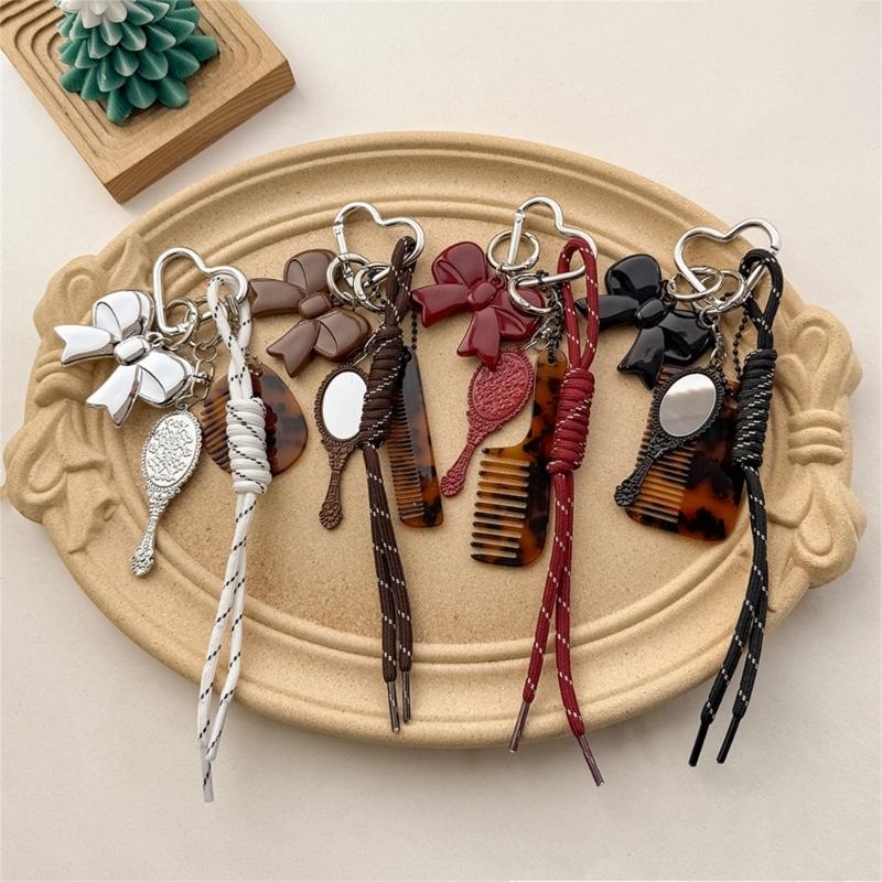Fashionable Acetate Comb Mirror Keychain Multifuntional Key Accessory Suitable for Youthful Women and Girl Outdoor Use