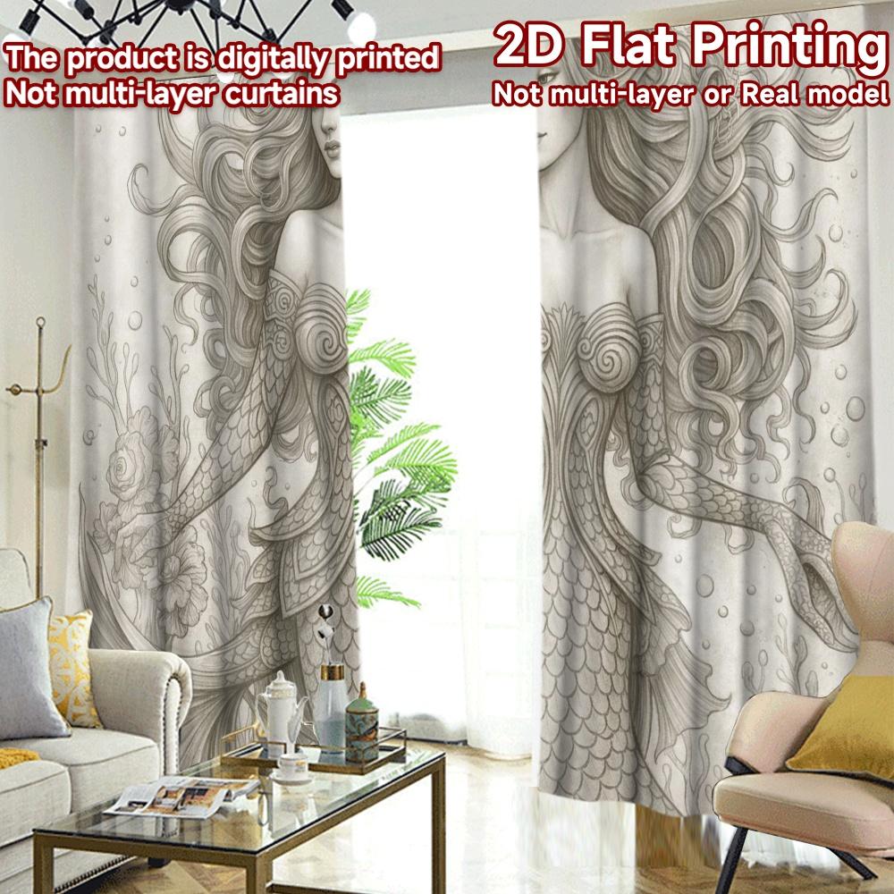 2D FLAT PRINTING 2pcs Curtains (Without Rod) Mermaid with Flowing Hair Light Filtering Popular Curtains Versatile 100% Polyester