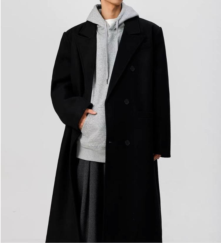 Men's Black Wool Trench Coat - Korean Style, Mid-Length, Over-the-Knee for 2025 Spring/Autumn