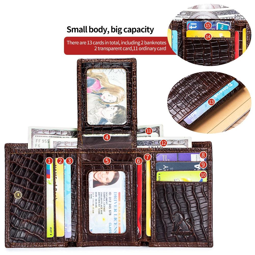 LAOSHIZI Vintage Men's Genuine Leather Crocodile-Embossed Wallet RFID Blocking Multi-Card Slots Photo Insert
