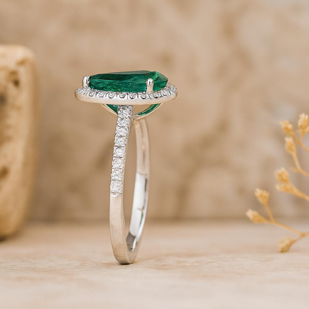 Pear Cut Green CZ Ring, White Gold Plated Silver, Halo Engagement Ring with Side Stones for Women