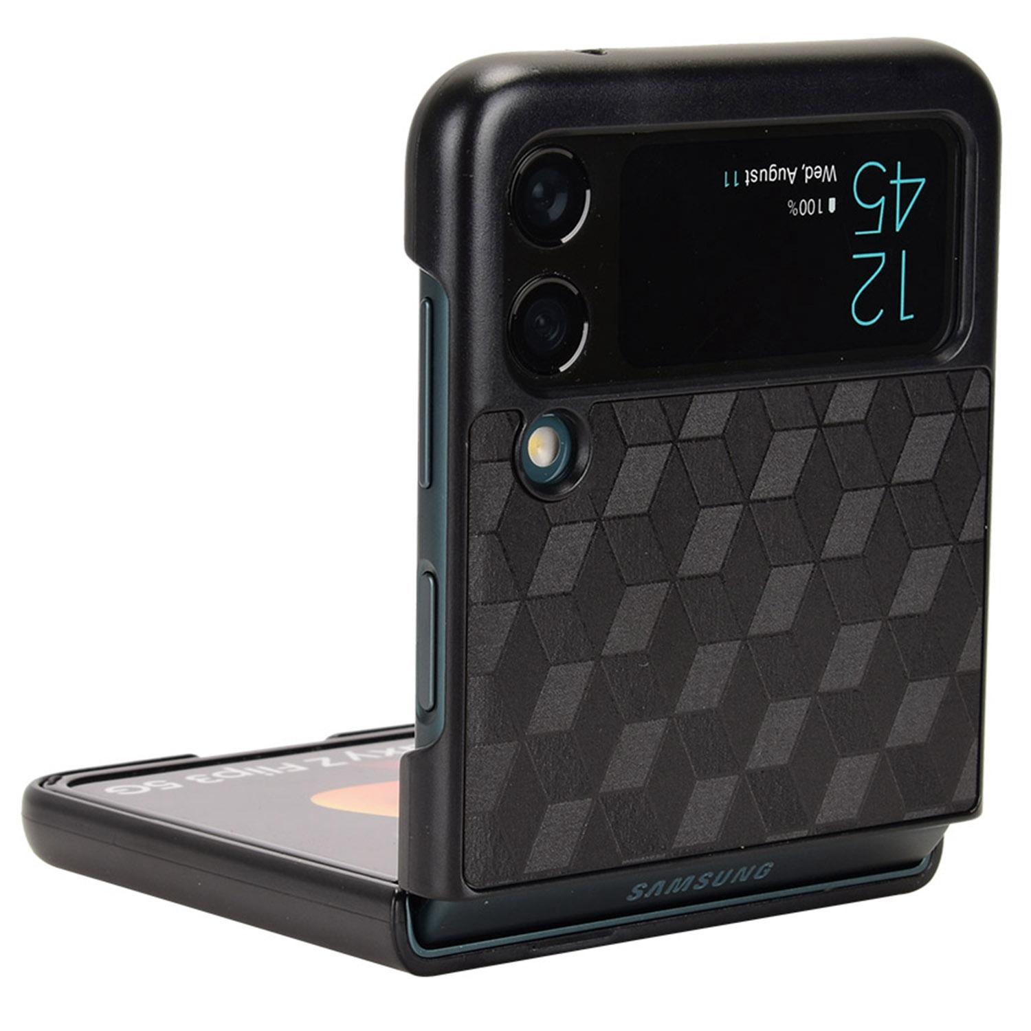 

For Samsung Galaxy Z Flip3 5G Rhombus Imprinted Folding Phone Case Anti-drop PU Leather Coated PC Cover Black