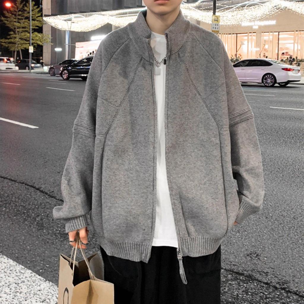 Herren-Strickjacke mit Stehkragen, locker geschnitten - Trendige amerikanische Strickware für Frühling und Herbst