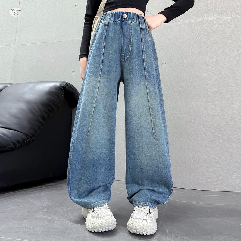 Girls' High-Waisted Wide-Leg Elastic Jeans for Kids - Slimming and Trendy Banana Pants