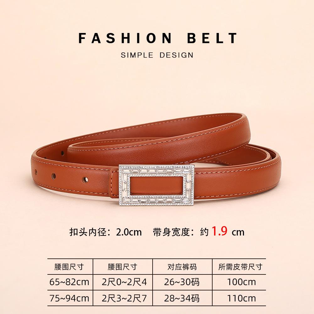 Women'S Leather Belt Rhinestone Inlaid Premium Jeans Pants Belt Square Buckle Cowhide Belt Women'S