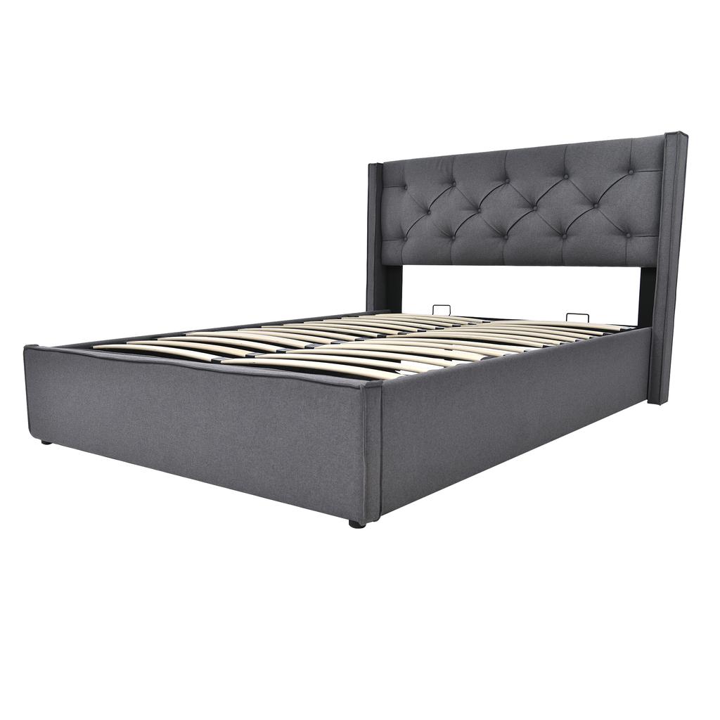 Hydraulic Double Bed, Upholstered, 140x200cm, Metal Slatted Frame, Modern, Storage Space, Cotton, Grey (With Mattress)