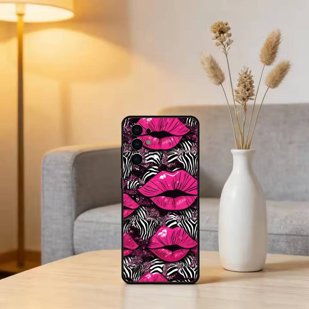 Lip print Phone Case For Samsung S25,S24,S21,S22,S23,S30,Ultra,S20,Plus,Fe,Lite,Note,10,Black Cover