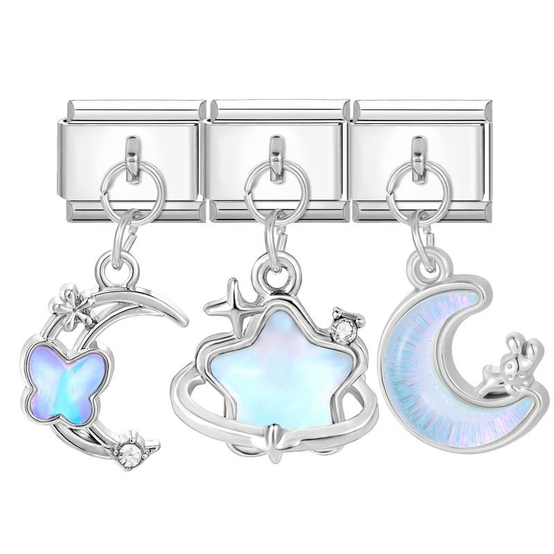 Y2K 3PCS Colorful Crystal Zircon Pendant Moon Star Bow Italian Charm Links Stainless Steel Fit 9mm Bracelet Jewelry DIY Making