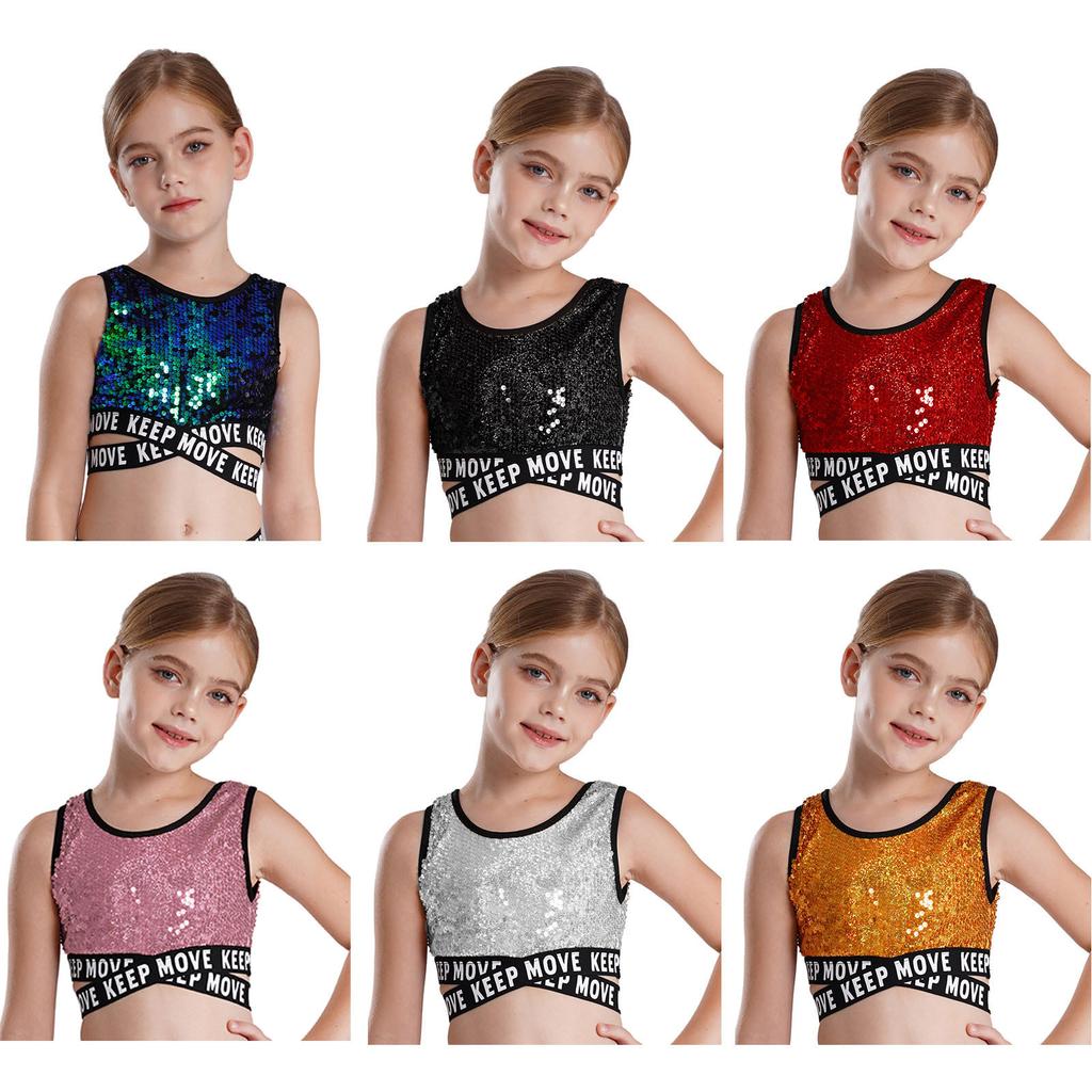 Children’s Glitter Sequin Sleeveless Crop Top Round Neck with Criss Cross Waist Accent for Hip Hop Dance Recital Competition