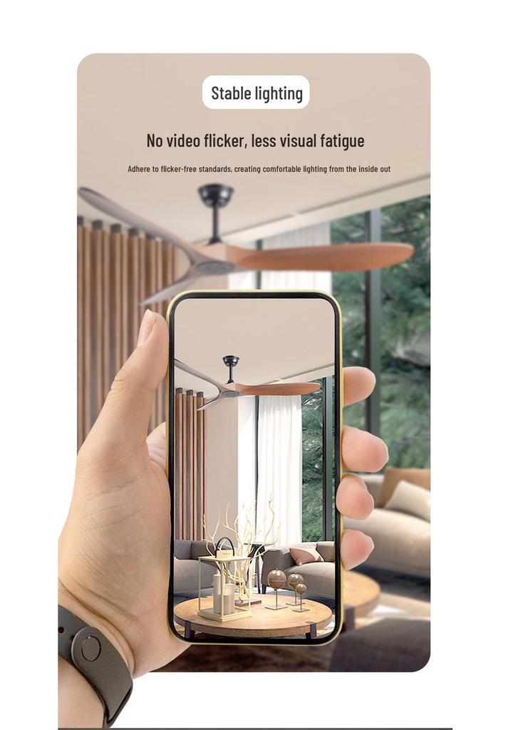 Variable Frequency Ceiling Fan with Light and Remote Control, Solid Wood Blades, for Living Room, Dining Room, Bedroom