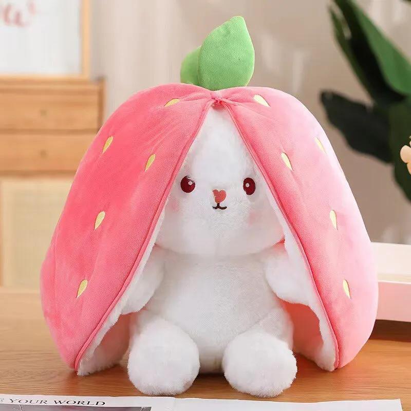 25cm Cosplay Strawberry Carrot Rabbit Plush Toy Stuffed Creative Bag Fruit Transform Baby Cuddly Bunny Plushie Doll For Kid into Fluffy Huggable