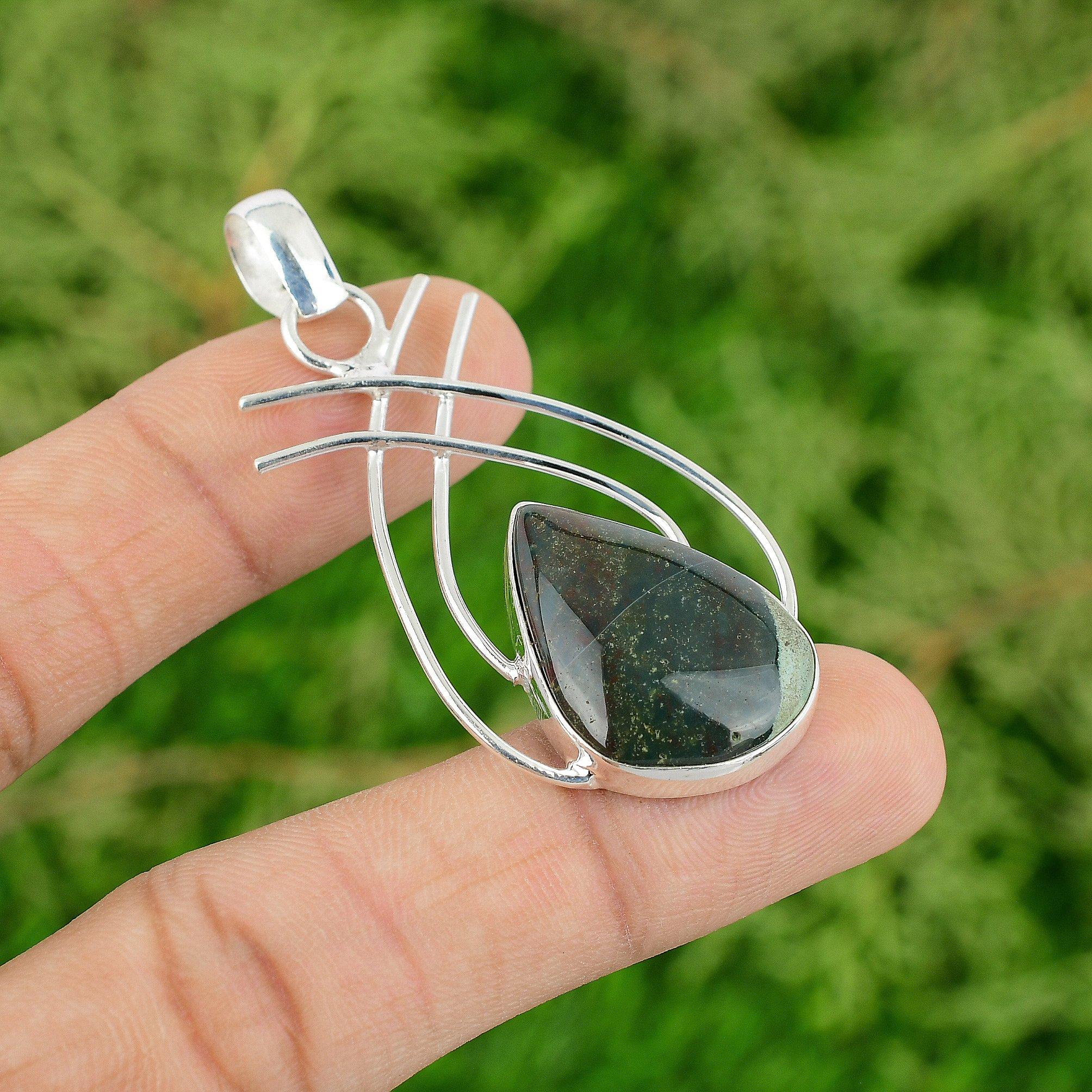 

Sterling Silver March Birth Bloodstone Stone Bezel Unique Mother Artisan Pendant