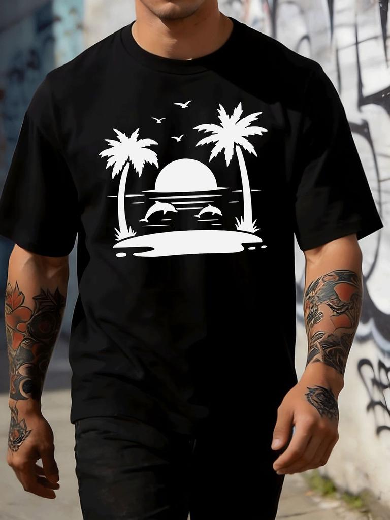 Coastal Dolphin Palm Sunset Unisexs Tee Cotton Short Sleeve Loose Summer Beach Vacation Casual Daily Male Street Tops For Adult Unisex