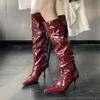 Fashion Eilyken Women Knee-High Boots Fashion Pleated Thin High Heels Wedding Banquet Shoes Winter Autumn Patent Leather Long Booties