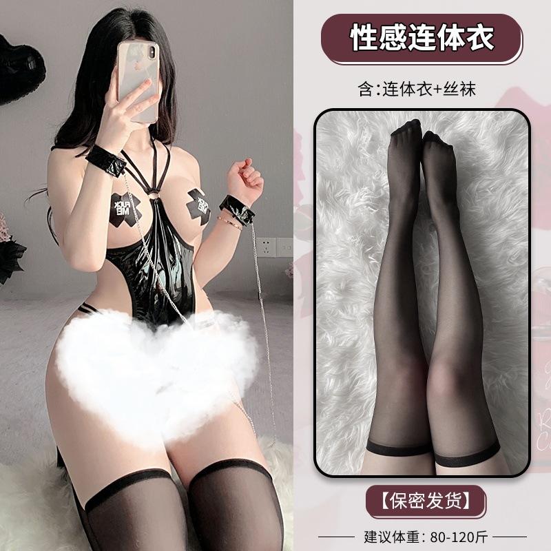 New Sex Underwear Sexy Neck Patent Leather Open Crotch Onesie Patent Leather Set Foreign Trade One Piece Delivery F365