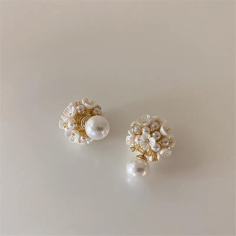 White Shell Flower Imitation Pearl Stud Earrings for Women Ball Double Side Elegant Earrings Set Exquisite Vintage Fashion Jewelry