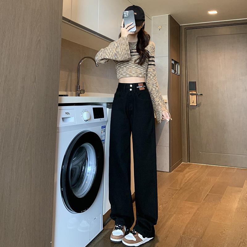 

Women s High Waist Slimming Straight Jeans - Spring/Autumn Korean Style, Petite Wide Leg Fit L [56-62 kg]