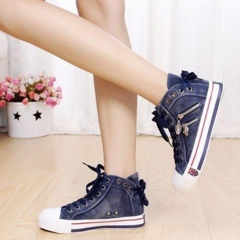 Scarpe alte in tela di jeans versione coreana da donna scarpe casual primavera e autunno nuove retrò taglie grandi scarpe da skate cerniera
