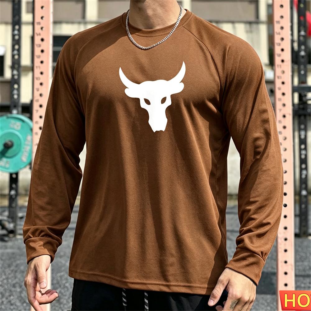 Autumn Men's Long sleeved T-shirt Bull Head Pattern Men's Fitness T-shirt Polyester Elastic Sports T-shirts Breathable Gym clothing