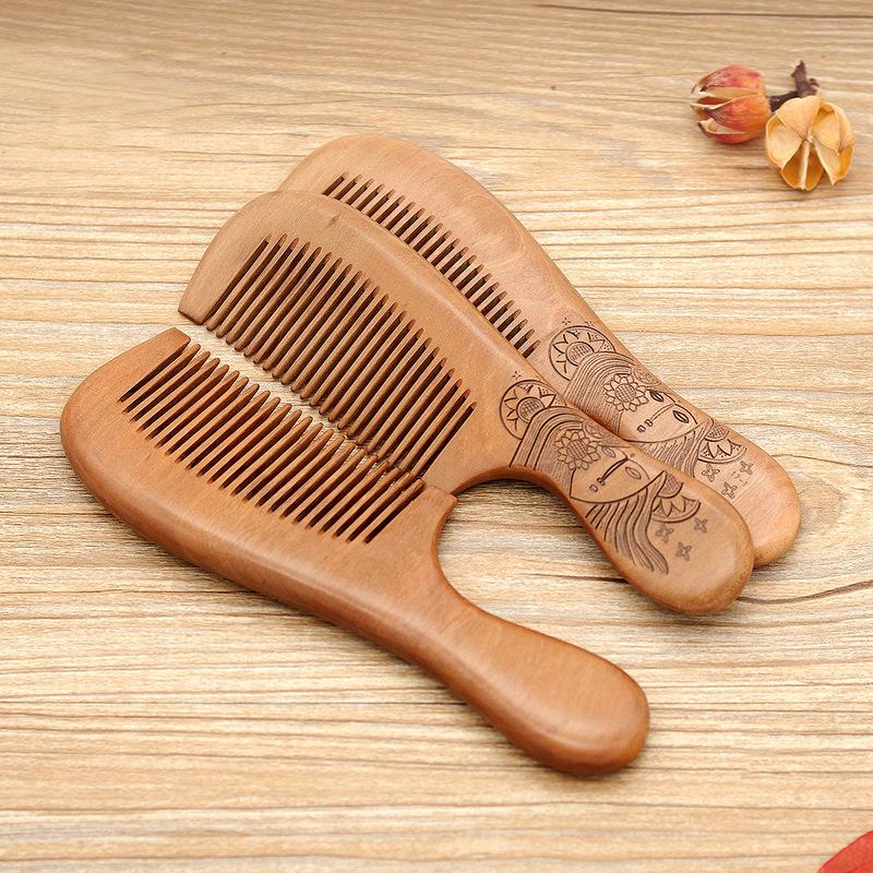 Solid Wood Peach Comb for Head Massage - Engraved Design for Women & Men