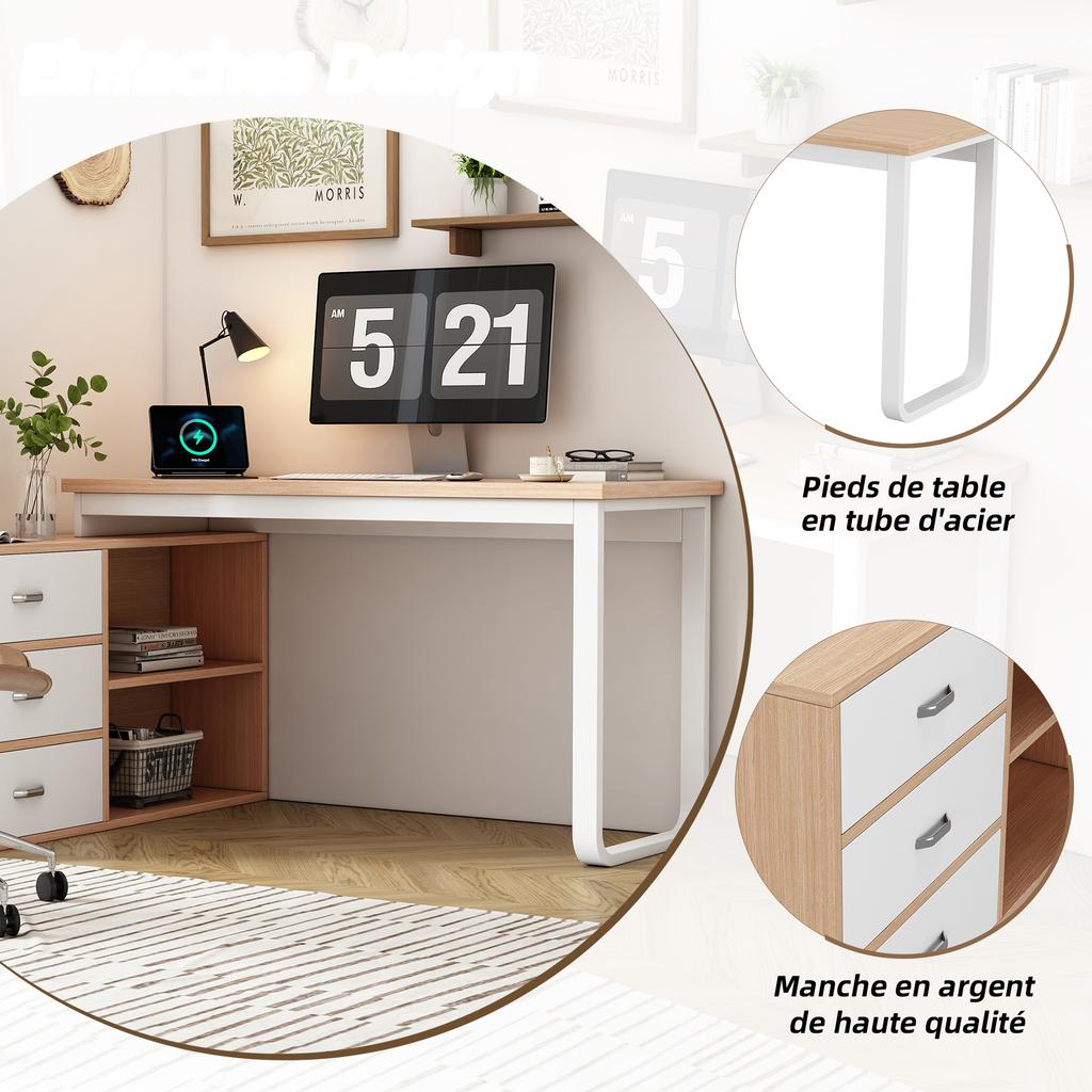 Simple Desk, Office Desk, Three Drawers, Two Open Storage Compartments, Solid Steel Tube, Wide and Thick Tabletop, Stable Load Capacity, Natural