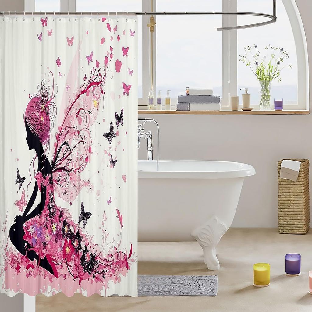 Pink Fairy Shower Curtain Magical Butterfly Art Romantic Bathroom Decor Linen180X230