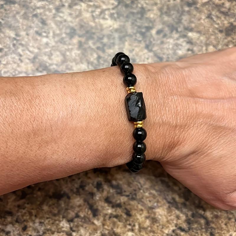 Natural Raw Stone Black Beaded Bracelet | Crystal Protection Jewelry, Vintage Style, Suitable for Men and Women