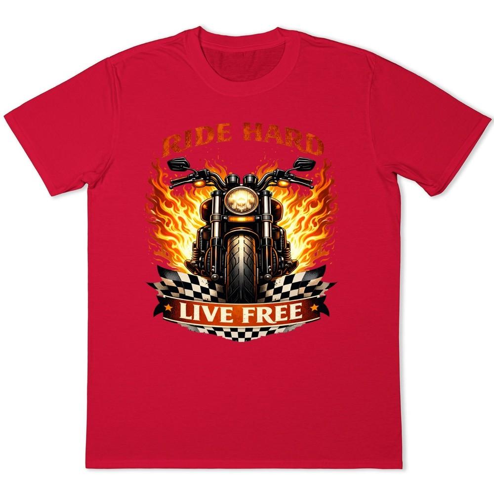 Ride Hard Live Free TShirt Flaming Motorcycle Skull Checkered Flag Graphic Tee S