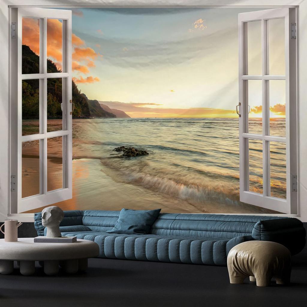 Window View Tapestry for Photography Background Fabric, Room Decorations Digital-printed Polyester Tapestries Living Rooms