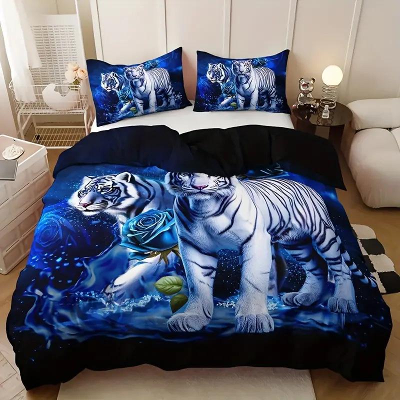 Set de Plapumă Imprimat de Înaltă Definiție Trandafir Albastru Tigru Alb Set Trei Piese Așternut Moale și Confortabil