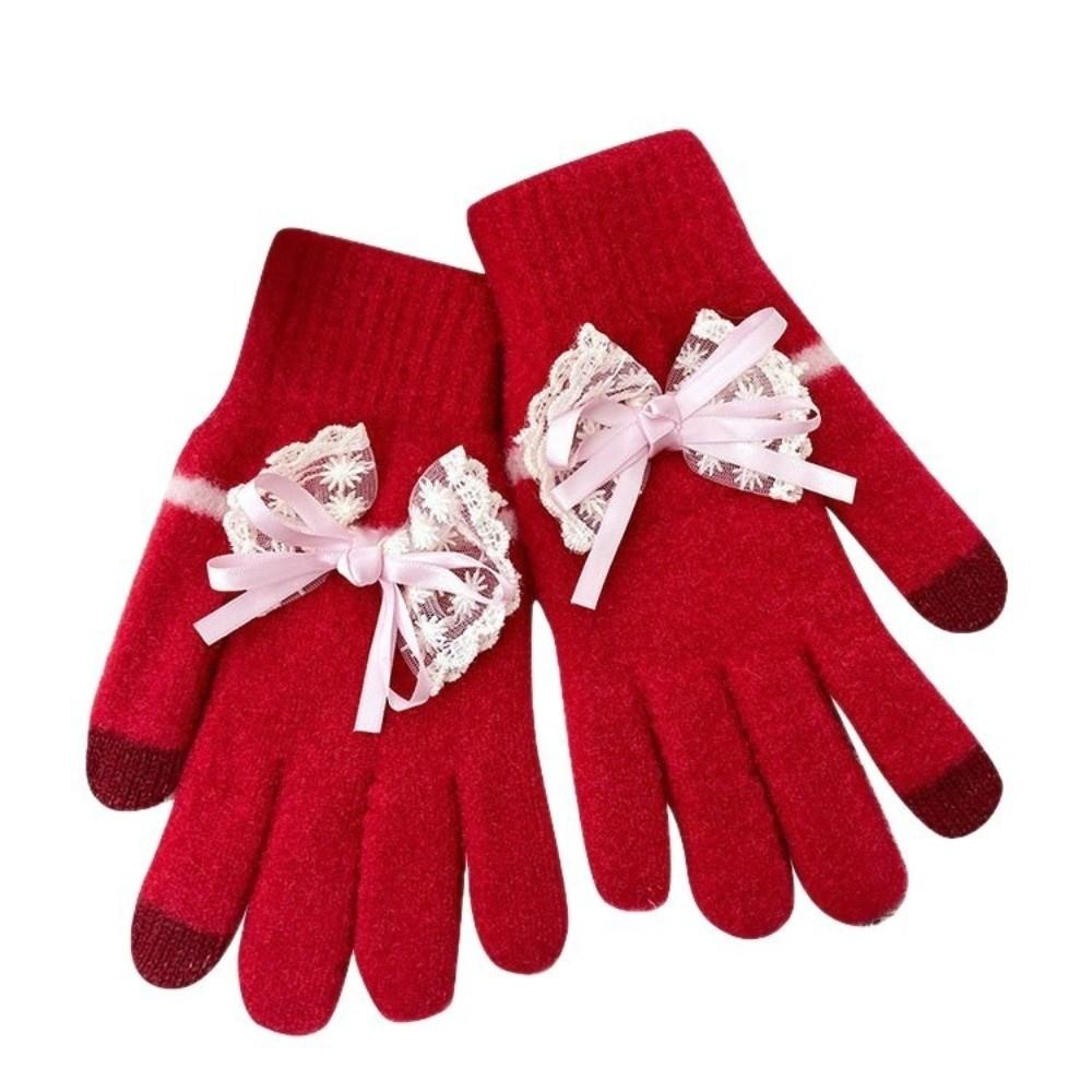 Cute Bowknot Gloves Thickened Comfortable Cotton Mittens Warm Touchscreen Full Finger Gloves Winter