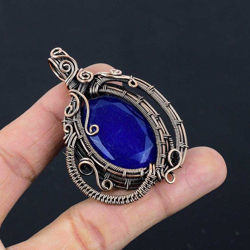 Blue Sapphire Pendant, Handmade Gemstone Pendant, 999 Copper Wire Wrapped Pendant Antique Jewelry, For Engagement Gift