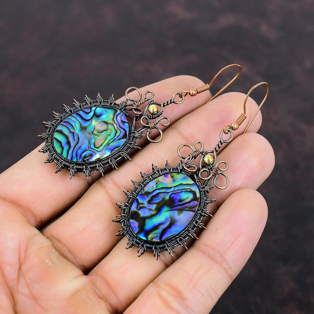 Abalone Shell Earring Copper Wire Wrapped Earrings Handmade Natural Gemstone Earrings Dainty Copper Jewelry Gift For Her Dangle Drop Earring