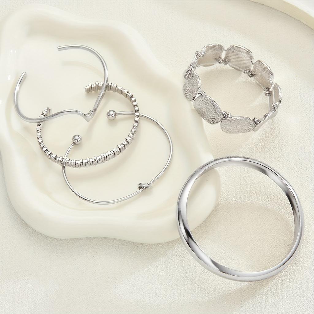 5 pièces mode rétro élégant métal style vieux argent géométrique irrégulier vague noué disque large face bracelet argenté personnalité tendance