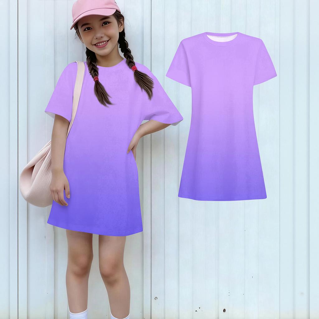 Girls Casual Sundress Kids Loose Round Neck Short Sleeve Lightweight Dress