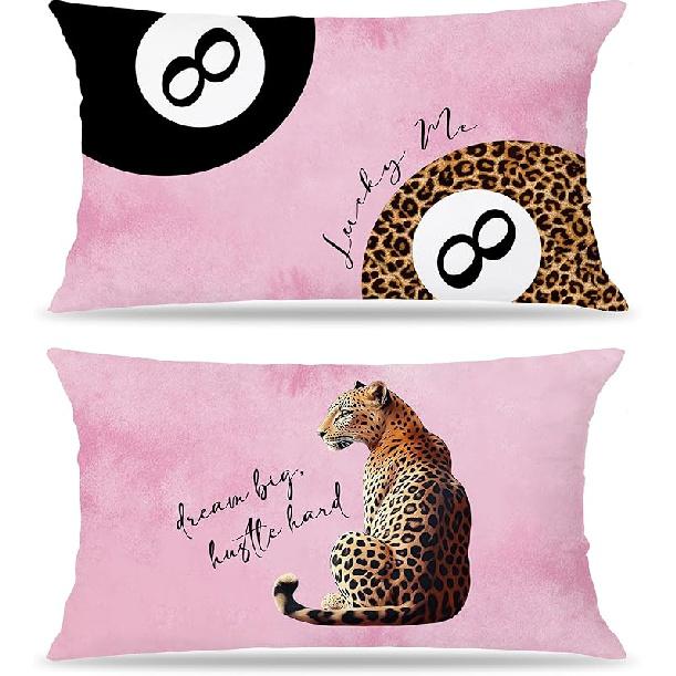 Trendy Leopard Cheetah Pillow Covers 12x20 Double-Sided Set of 2, Leopard Lucky 8 Ball Cheetah Lumbar Throw Pillow Covers, Trendy Preppy Leopard Pink Leopard Pillow Cover