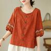 Mother Cotton and Linen Half-sleeved Embroidered Blouse Loose Fashion Western Style Short-sleeved T-shirt Women's Summer Women's Clothing