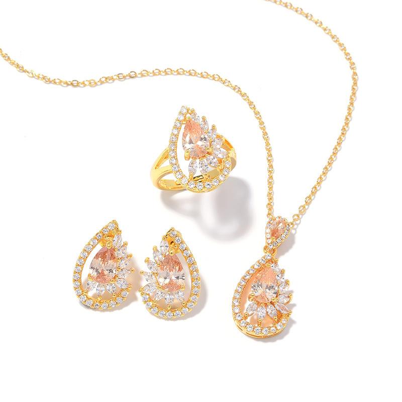 Water Drop Three-Piece Set, Red Gemstone Ring Earrings, Water Drop Necklace Set, In Stock.
