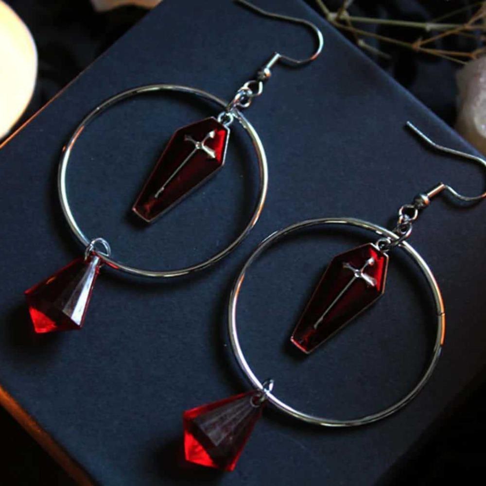 Mystic Goth Red Coffin Cross Water Drop Red Crystal Circular Dangle Earrings for Women Men Hallowmas Party Aesthetic Jewelry