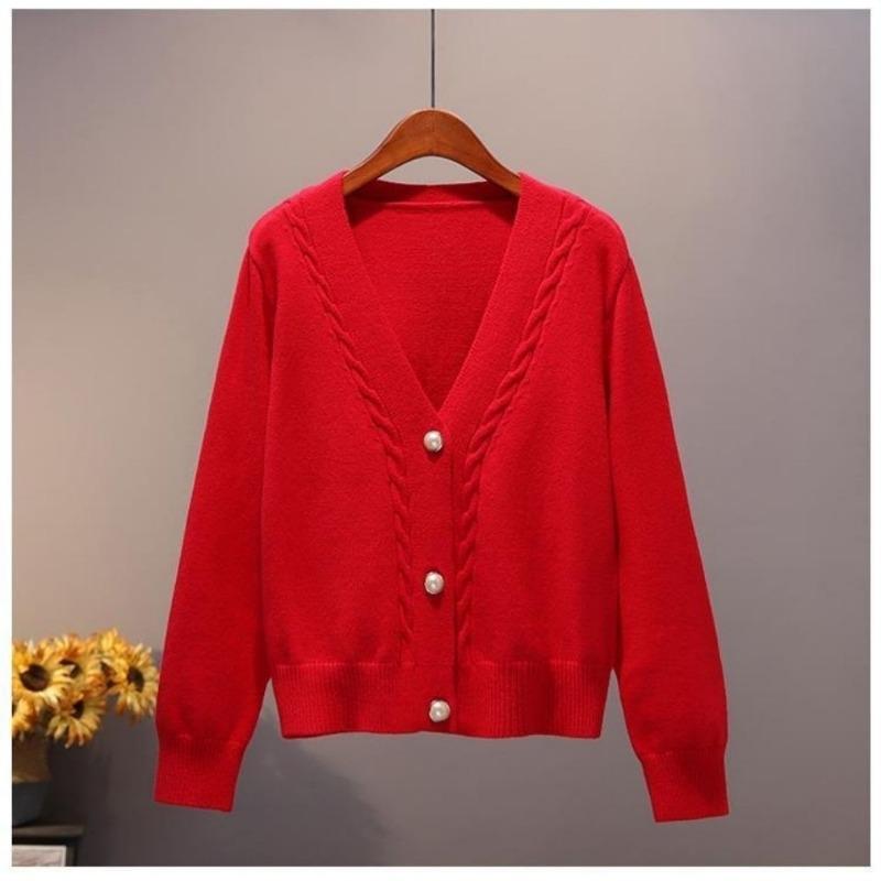 Xita Fashion Mode Dames Effen Cardigans Gebreide Truien Herfst Winter Lange Mouw V-Hals Alles-match Knoop Casual Koreaans Jersey Jassen 2022 L rood