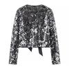 Dámská lesklá flitrová zkrácená bunda s mašlí, kulatým výstřihem a dlouhým rukávem, jednobarevná, slim fit, ležérní kabát, jarní podzimní dámský party top
