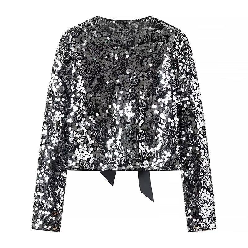 Dámská lesklá flitrová zkrácená bunda s mašlí, kulatým výstřihem a dlouhým rukávem, jednobarevná, slim fit, ležérní kabát, jarní podzimní dámský party top