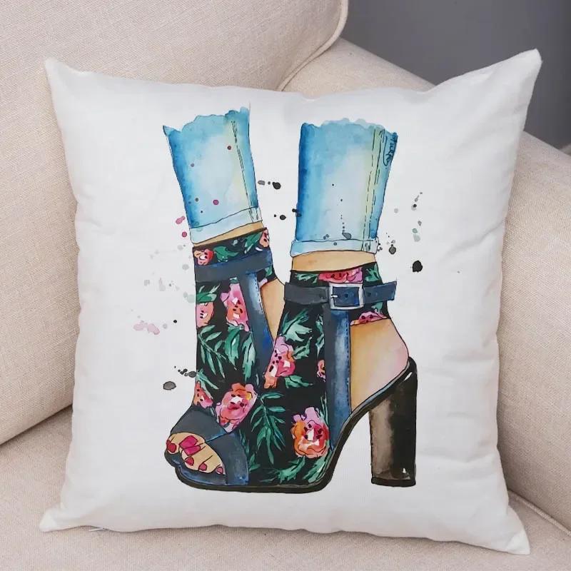 Lady High Heel Shoes Print Cushion Cover for Car Sofa Home Super Soft Short Plush Pillow Case Decor Cartoon Pillowcase 45*45 Cm