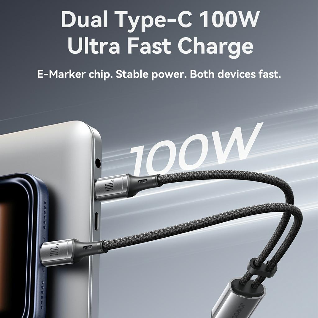 JOYROOM S-A57 1.5m Type-C to Dual Type-C 100W Fast Charging Data Cable for Laptops/Tablets/Smartphones