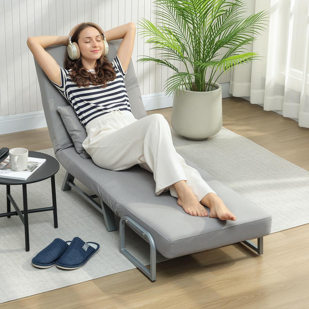 Convertible Armchair, 1-Seater, Folding Armchair-Bed, Linen, Adjustable Backrest, Pillow, Light Gray