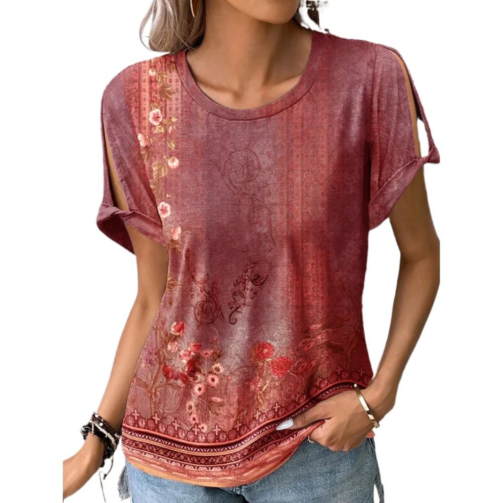 

HNXC Женские модные повседневные летние блузки и рубашки с круглым вырезом и короткими рукавами с цветочным принтом XXXXXL красный