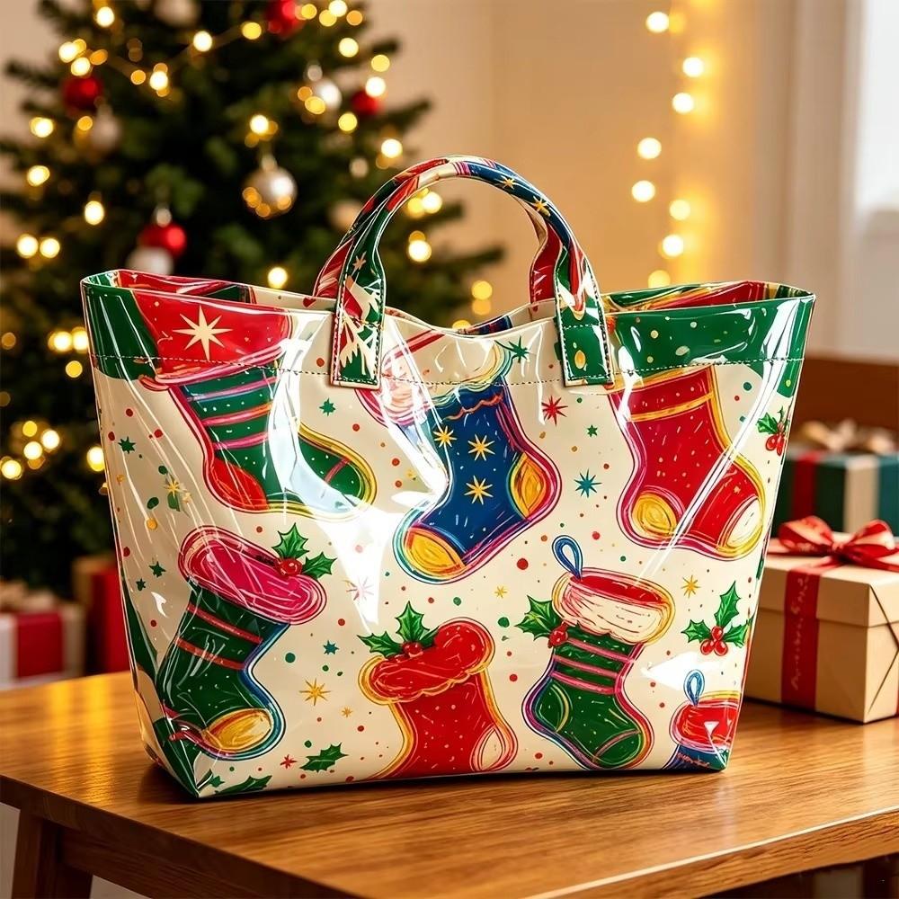 Large Capacity Christmas Print PVC Tote Bag Waterproof Christmas Hand Tote Commute Tote Bag Work
