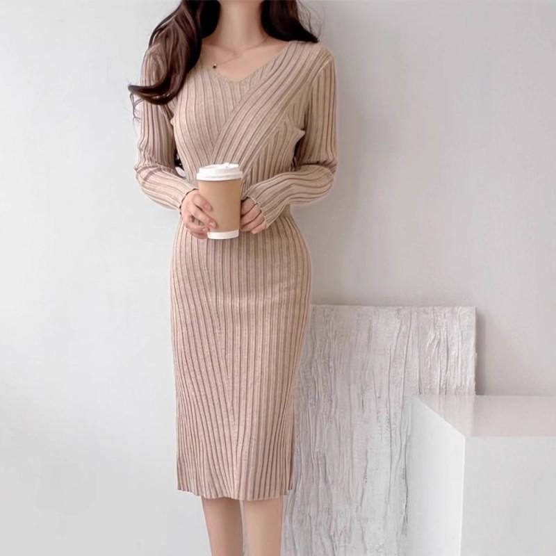 Womens V-Neck Long Sleeve Knit Midi Dress Winter Slim Fit High Waist Bodycon Sweater
